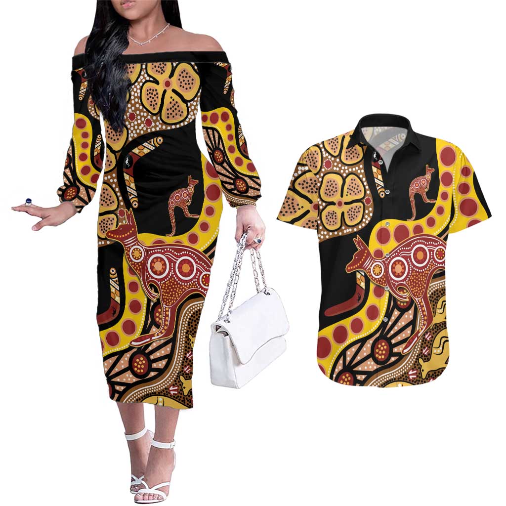 Kangaroo Australia Couples Matching Off The Shoulder Long Sleeve Dress and Hawaiian Shirt Aussie Aboriginal Dot Art