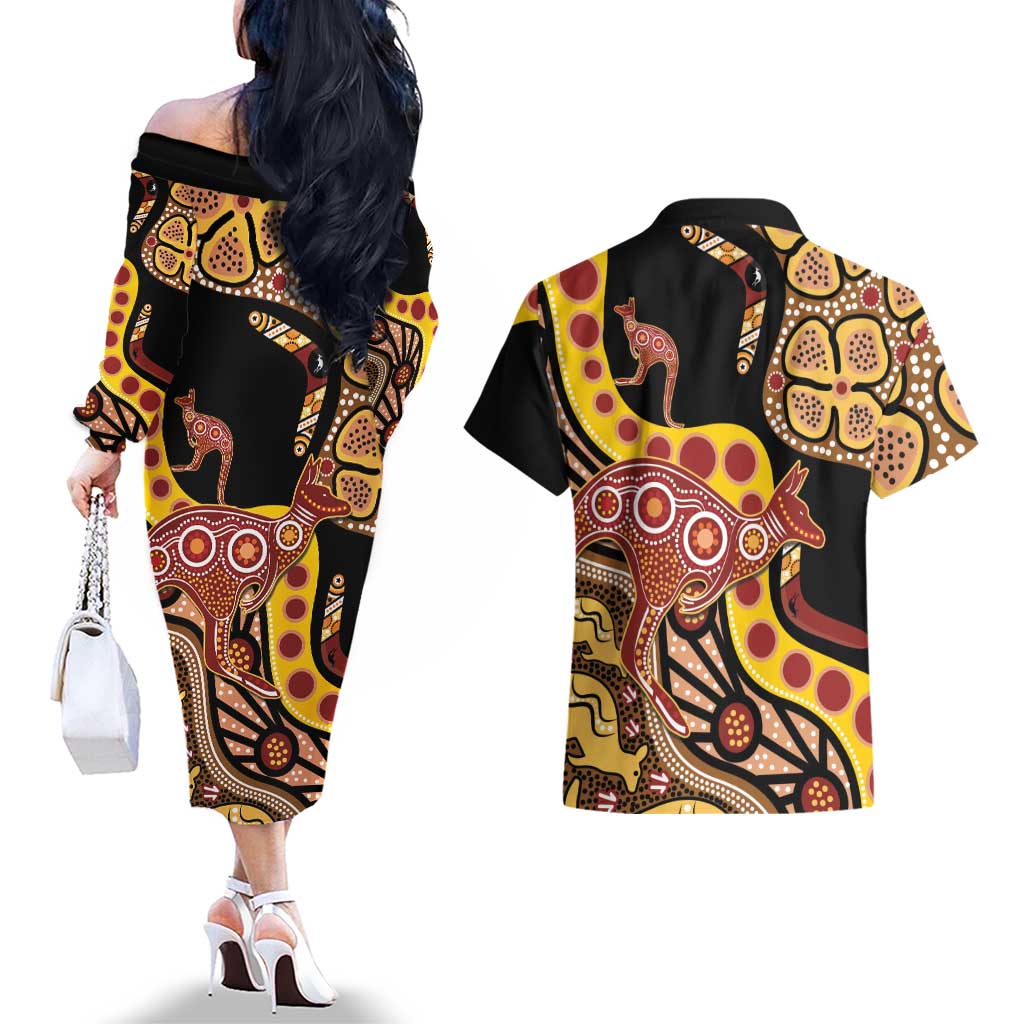 Kangaroo Australia Couples Matching Off The Shoulder Long Sleeve Dress and Hawaiian Shirt Aussie Aboriginal Dot Art