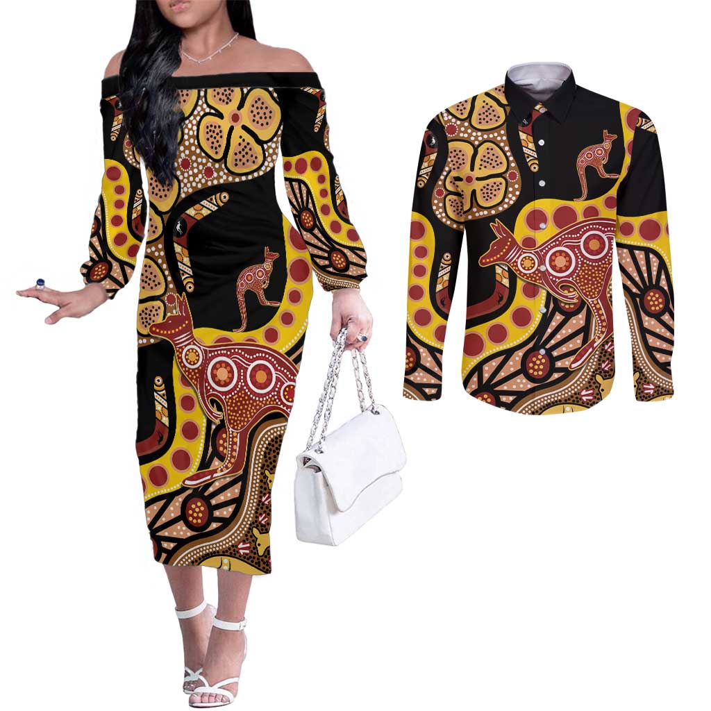 Kangaroo Australia Couples Matching Off The Shoulder Long Sleeve Dress and Long Sleeve Button Shirt Aussie Aboriginal Dot Art