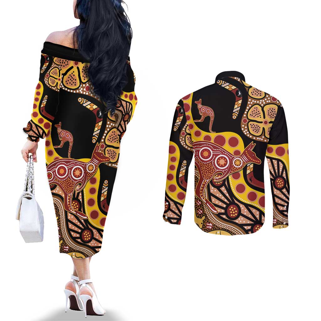Kangaroo Australia Couples Matching Off The Shoulder Long Sleeve Dress and Long Sleeve Button Shirt Aussie Aboriginal Dot Art