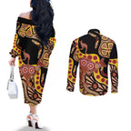 Kangaroo Australia Couples Matching Off The Shoulder Long Sleeve Dress and Long Sleeve Button Shirt Aussie Aboriginal Dot Art