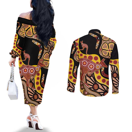 Kangaroo Australia Couples Matching Off The Shoulder Long Sleeve Dress and Long Sleeve Button Shirt Aussie Aboriginal Dot Art