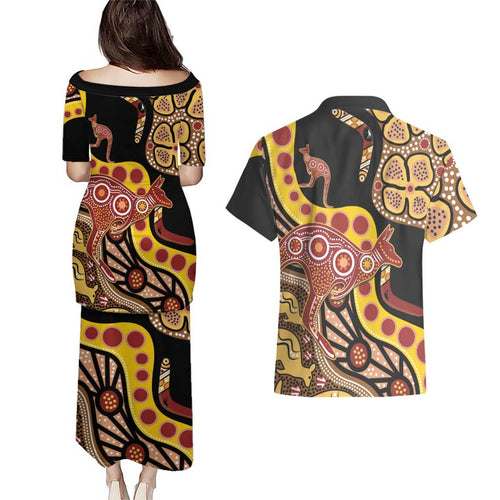Kangaroo Australia Couples Matching Puletasi and Hawaiian Shirt Aussie Aboriginal Dot Art