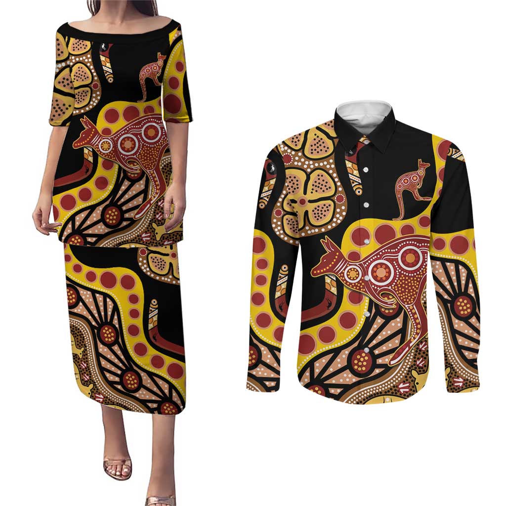 Kangaroo Australia Couples Matching Puletasi and Long Sleeve Button Shirt Aussie Aboriginal Dot Art