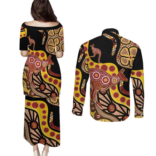 Kangaroo Australia Couples Matching Puletasi and Long Sleeve Button Shirt Aussie Aboriginal Dot Art