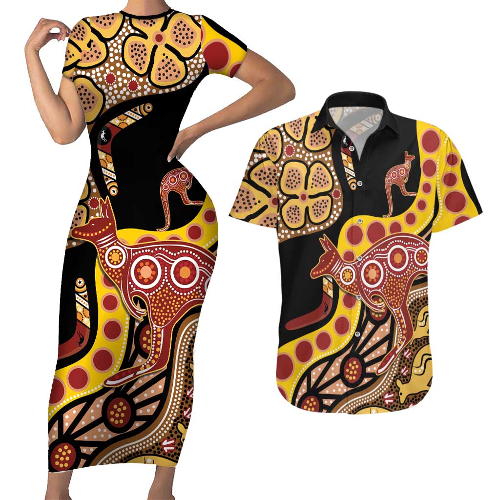Kangaroo Australia Couples Matching Short Sleeve Bodycon Dress and Hawaiian Shirt Aussie Aboriginal Dot Art