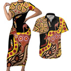 Kangaroo Australia Couples Matching Short Sleeve Bodycon Dress and Hawaiian Shirt Aussie Aboriginal Dot Art