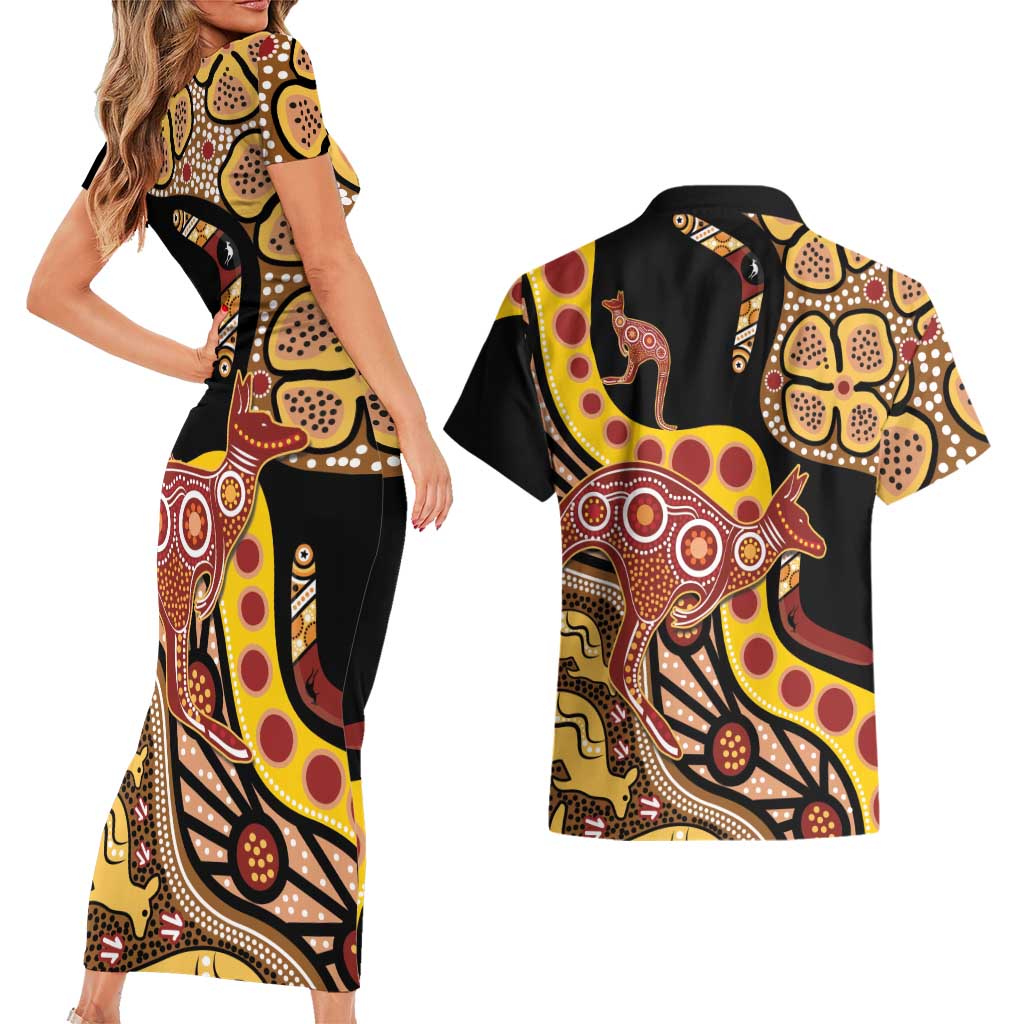 Kangaroo Australia Couples Matching Short Sleeve Bodycon Dress and Hawaiian Shirt Aussie Aboriginal Dot Art