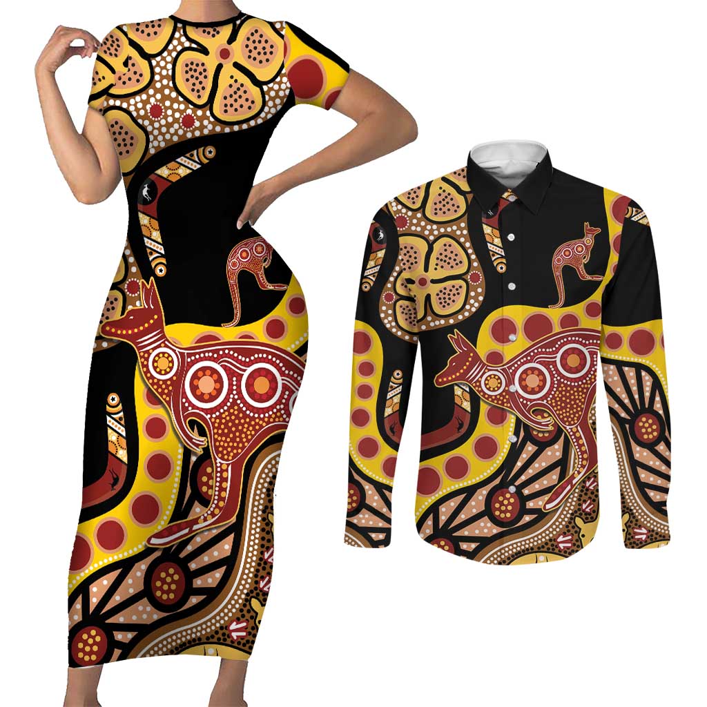 Kangaroo Australia Couples Matching Short Sleeve Bodycon Dress and Long Sleeve Button Shirt Aussie Aboriginal Dot Art