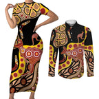 Kangaroo Australia Couples Matching Short Sleeve Bodycon Dress and Long Sleeve Button Shirt Aussie Aboriginal Dot Art