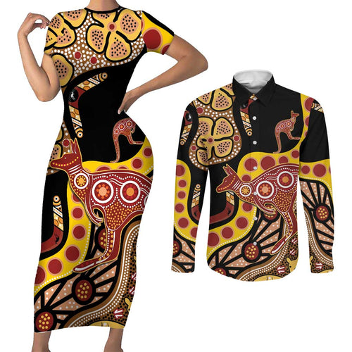 Kangaroo Australia Couples Matching Short Sleeve Bodycon Dress and Long Sleeve Button Shirt Aussie Aboriginal Dot Art