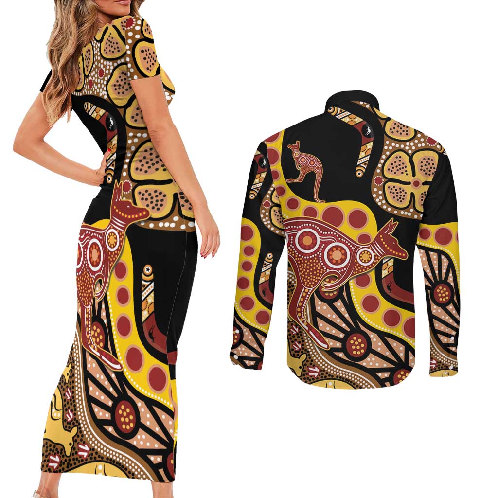 Kangaroo Australia Couples Matching Short Sleeve Bodycon Dress and Long Sleeve Button Shirt Aussie Aboriginal Dot Art