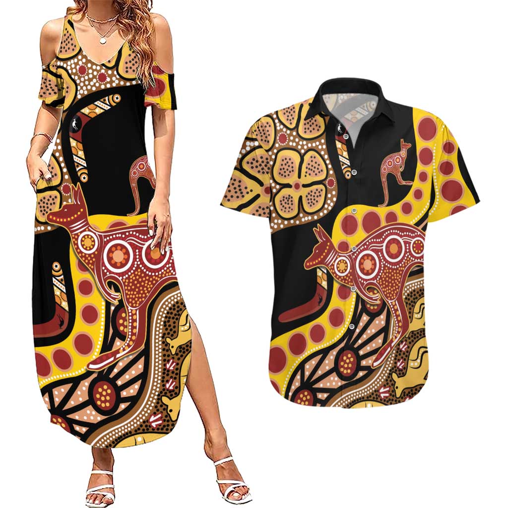 Kangaroo Australia Couples Matching Summer Maxi Dress and Hawaiian Shirt Aussie Aboriginal Dot Art