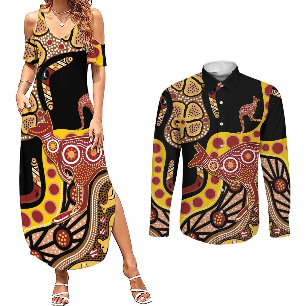 Kangaroo Australia Couples Matching Summer Maxi Dress and Long Sleeve Button Shirt Aussie Aboriginal Dot Art