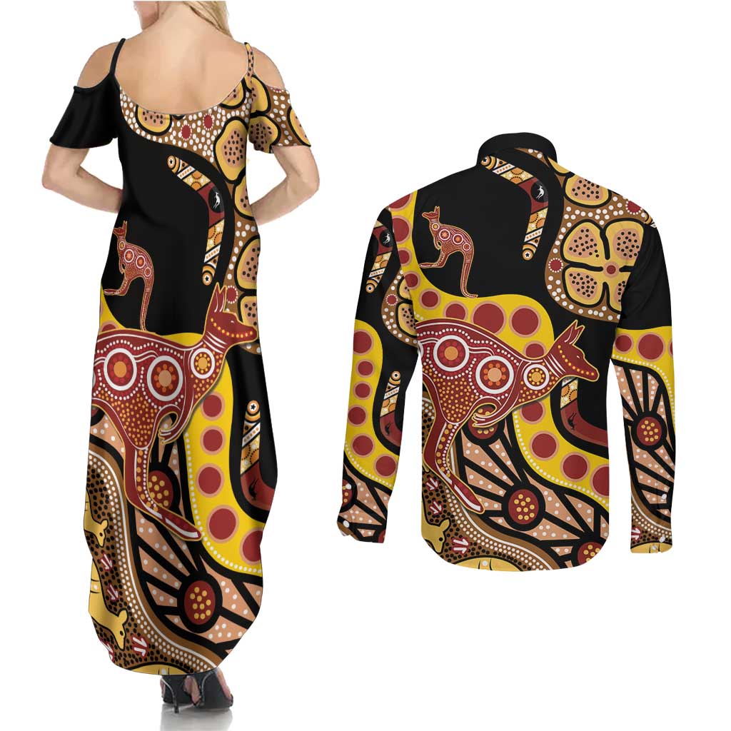 Kangaroo Australia Couples Matching Summer Maxi Dress and Long Sleeve Button Shirt Aussie Aboriginal Dot Art