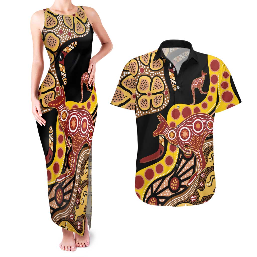 Kangaroo Australia Couples Matching Tank Maxi Dress and Hawaiian Shirt Aussie Aboriginal Dot Art