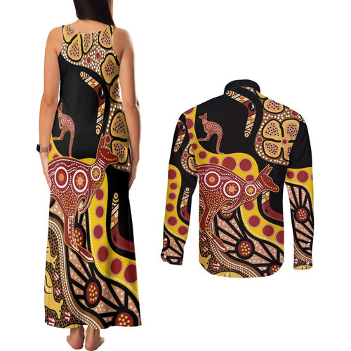 Kangaroo Australia Couples Matching Tank Maxi Dress and Long Sleeve Button Shirt Aussie Aboriginal Dot Art