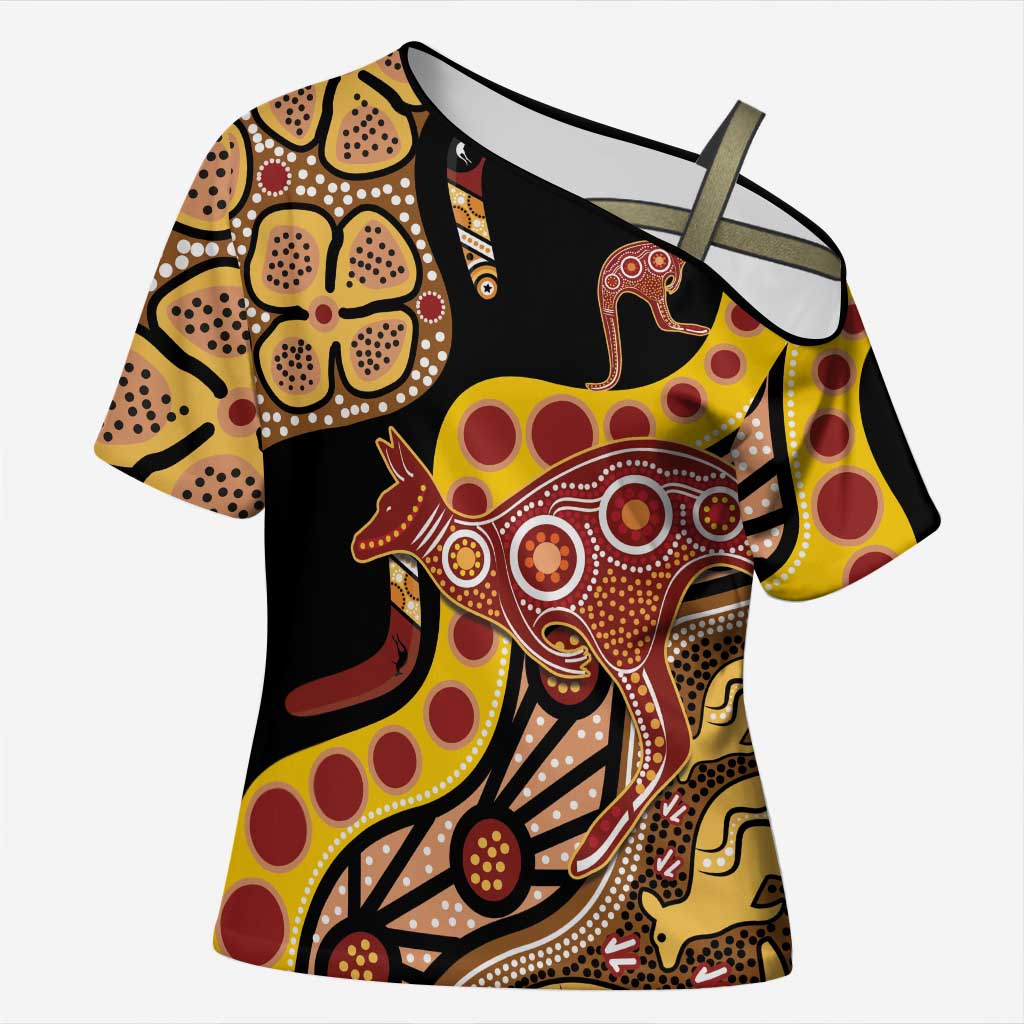 Kangaroo Australia Cross Shoulder Shirt Aussie Aboriginal Dot Art