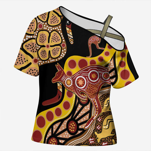Kangaroo Australia Cross Shoulder Shirt Aussie Aboriginal Dot Art