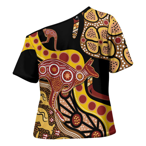 Kangaroo Australia Cross Shoulder Shirt Aussie Aboriginal Dot Art