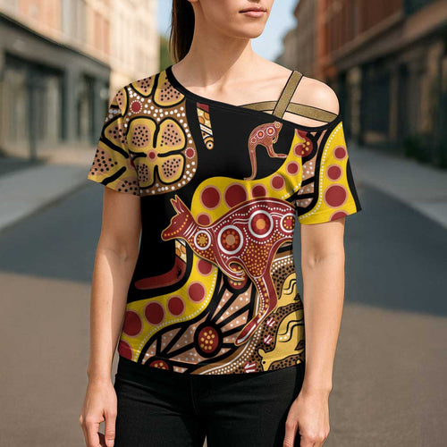 Kangaroo Australia Cross Shoulder Shirt Aussie Aboriginal Dot Art