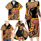 Kangaroo Australia Family Matching Long Sleeve Bodycon Dress and Hawaiian Shirt Aussie Aboriginal Dot Art