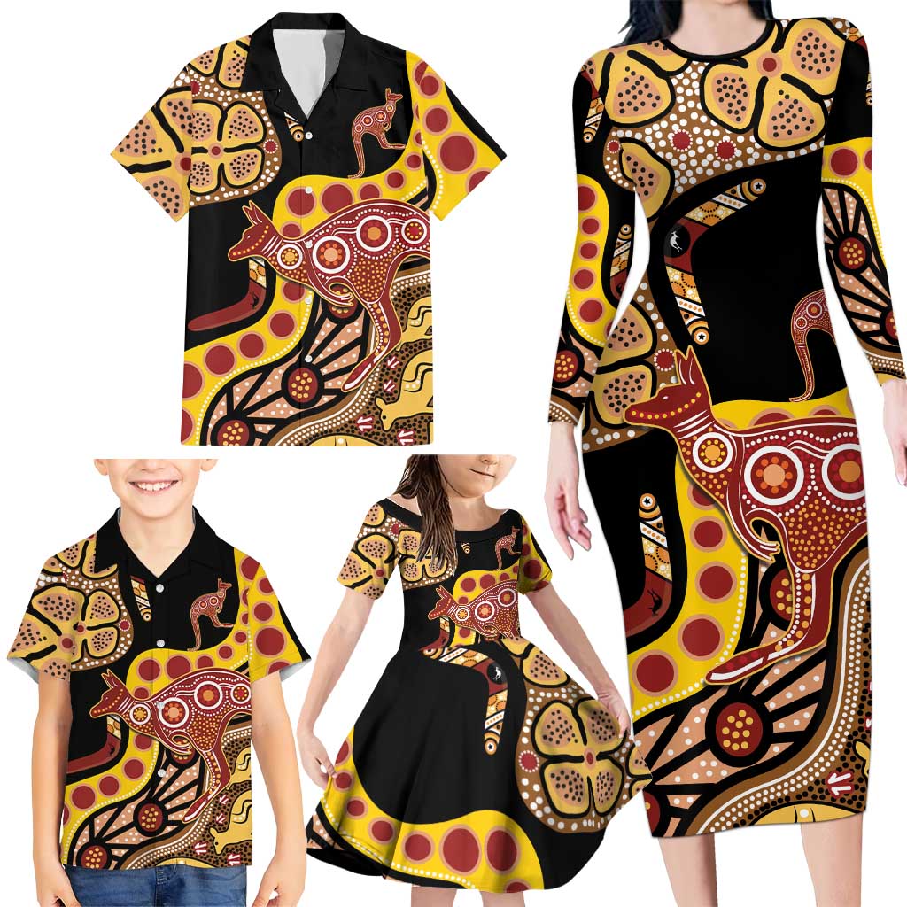 Kangaroo Australia Family Matching Long Sleeve Bodycon Dress and Hawaiian Shirt Aussie Aboriginal Dot Art