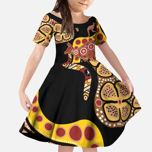Kangaroo Australia Family Matching Long Sleeve Bodycon Dress and Hawaiian Shirt Aussie Aboriginal Dot Art
