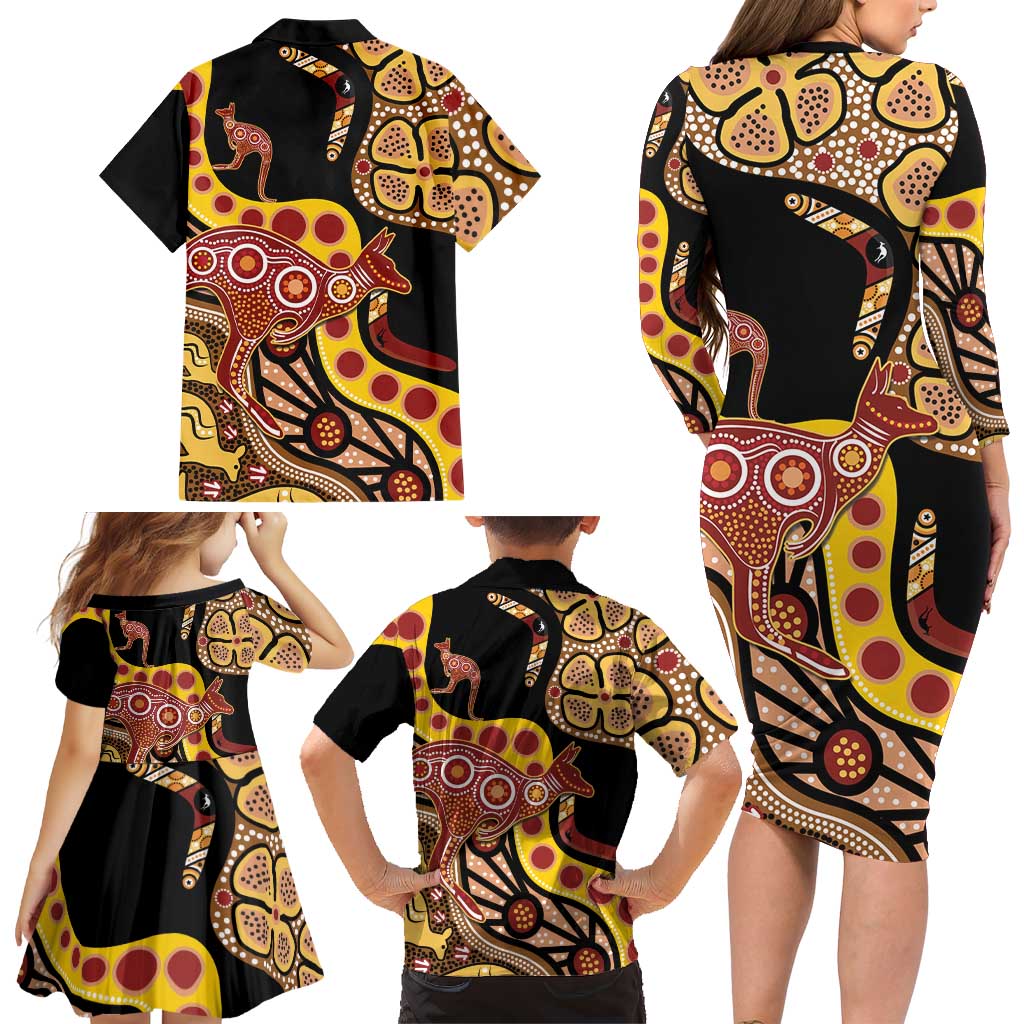 Kangaroo Australia Family Matching Long Sleeve Bodycon Dress and Hawaiian Shirt Aussie Aboriginal Dot Art