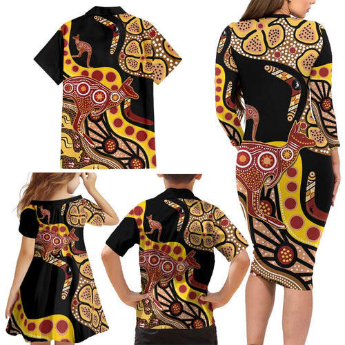 Kangaroo Australia Family Matching Long Sleeve Bodycon Dress and Hawaiian Shirt Aussie Aboriginal Dot Art