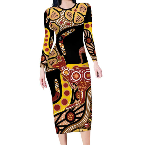 Kangaroo Australia Family Matching Long Sleeve Bodycon Dress and Hawaiian Shirt Aussie Aboriginal Dot Art