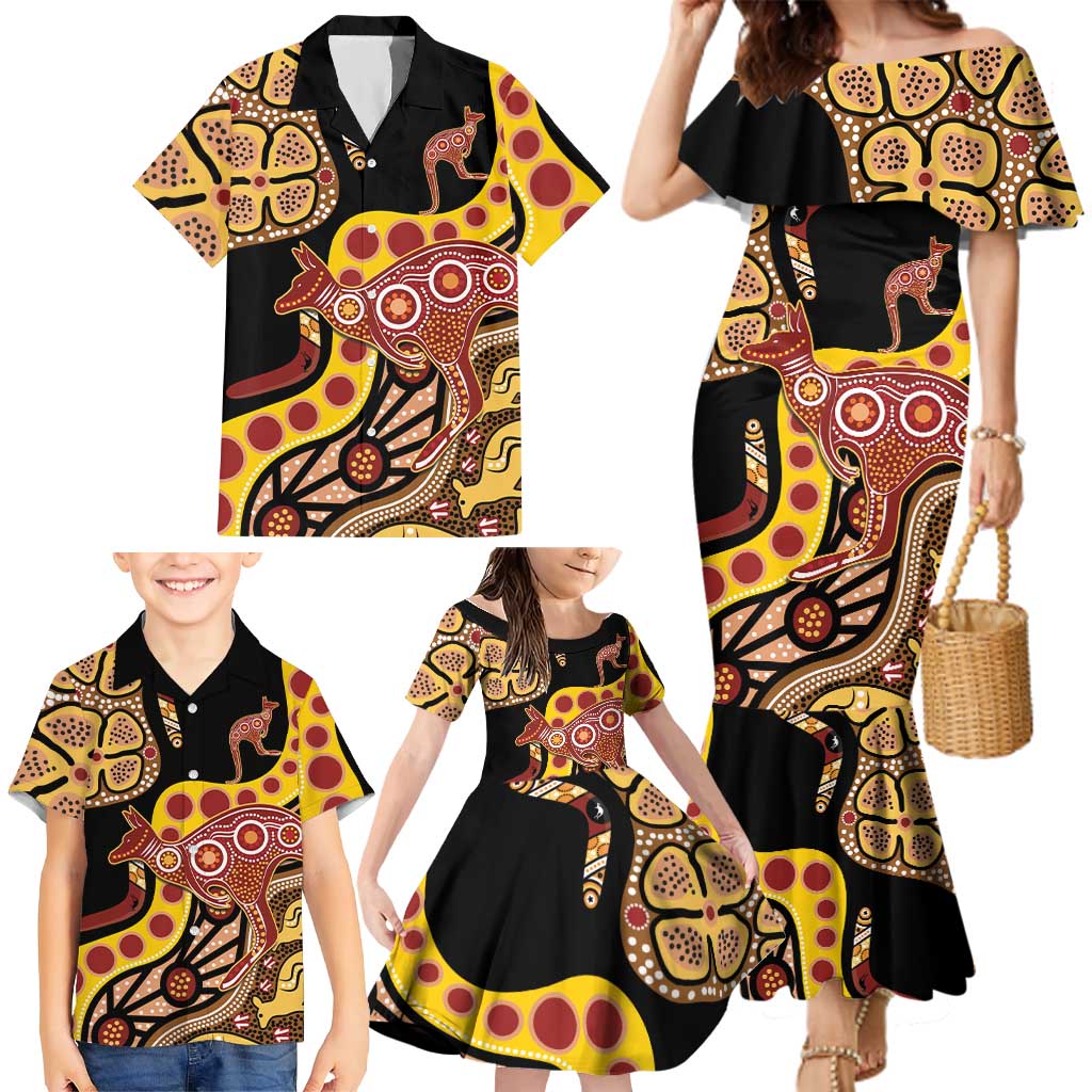 Kangaroo Australia Family Matching Mermaid Dress and Hawaiian Shirt Aussie Aboriginal Dot Art