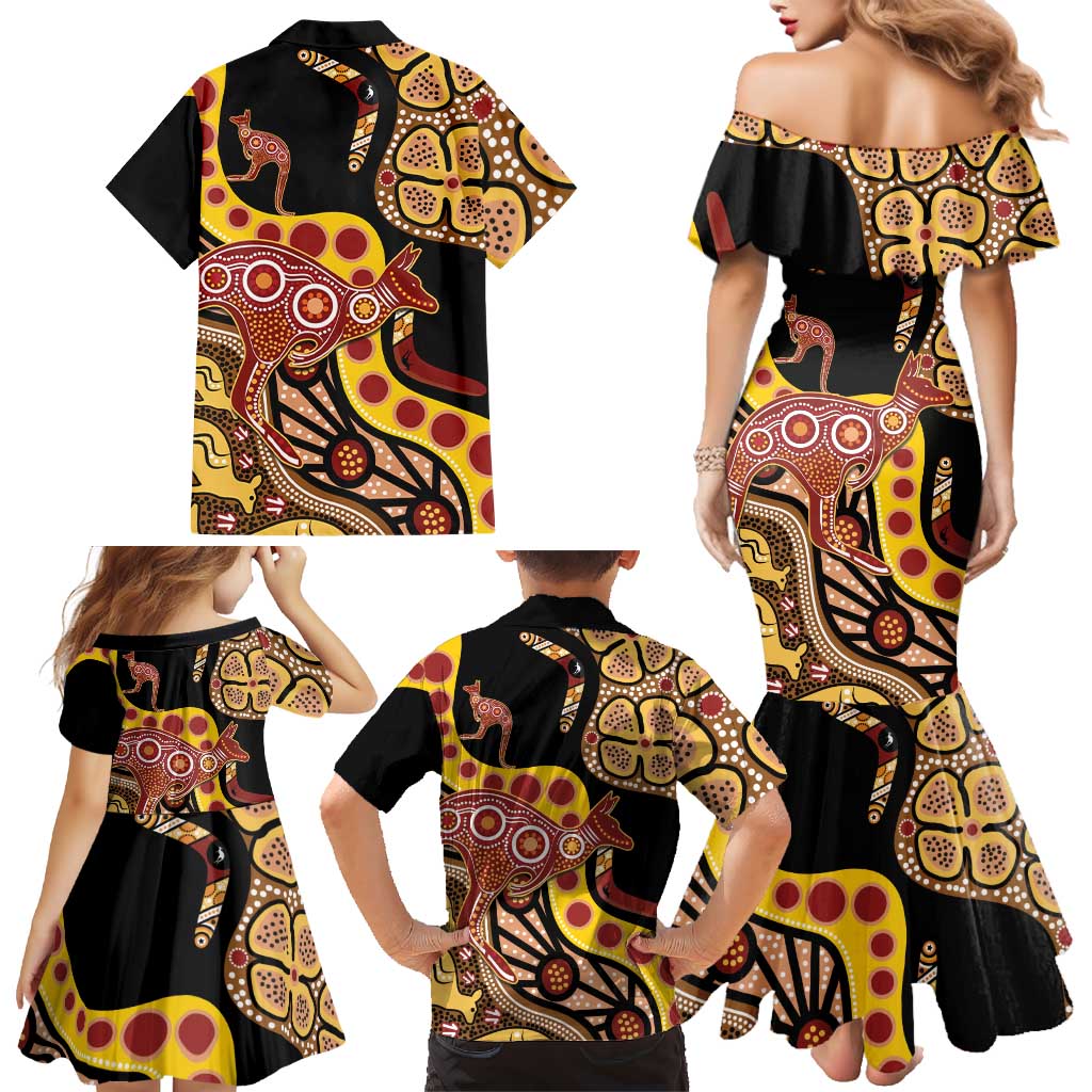 Kangaroo Australia Family Matching Mermaid Dress and Hawaiian Shirt Aussie Aboriginal Dot Art
