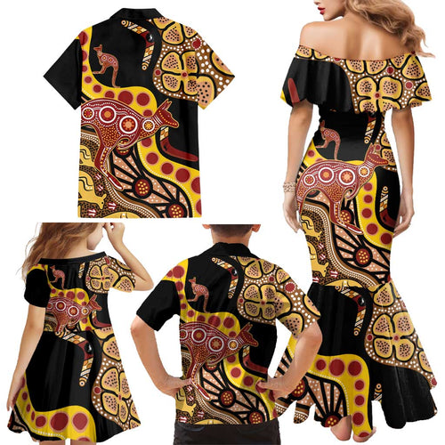 Kangaroo Australia Family Matching Mermaid Dress and Hawaiian Shirt Aussie Aboriginal Dot Art