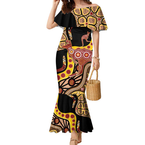 Kangaroo Australia Family Matching Mermaid Dress and Hawaiian Shirt Aussie Aboriginal Dot Art