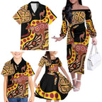 Kangaroo Australia Family Matching Off The Shoulder Long Sleeve Dress and Hawaiian Shirt Aussie Aboriginal Dot Art