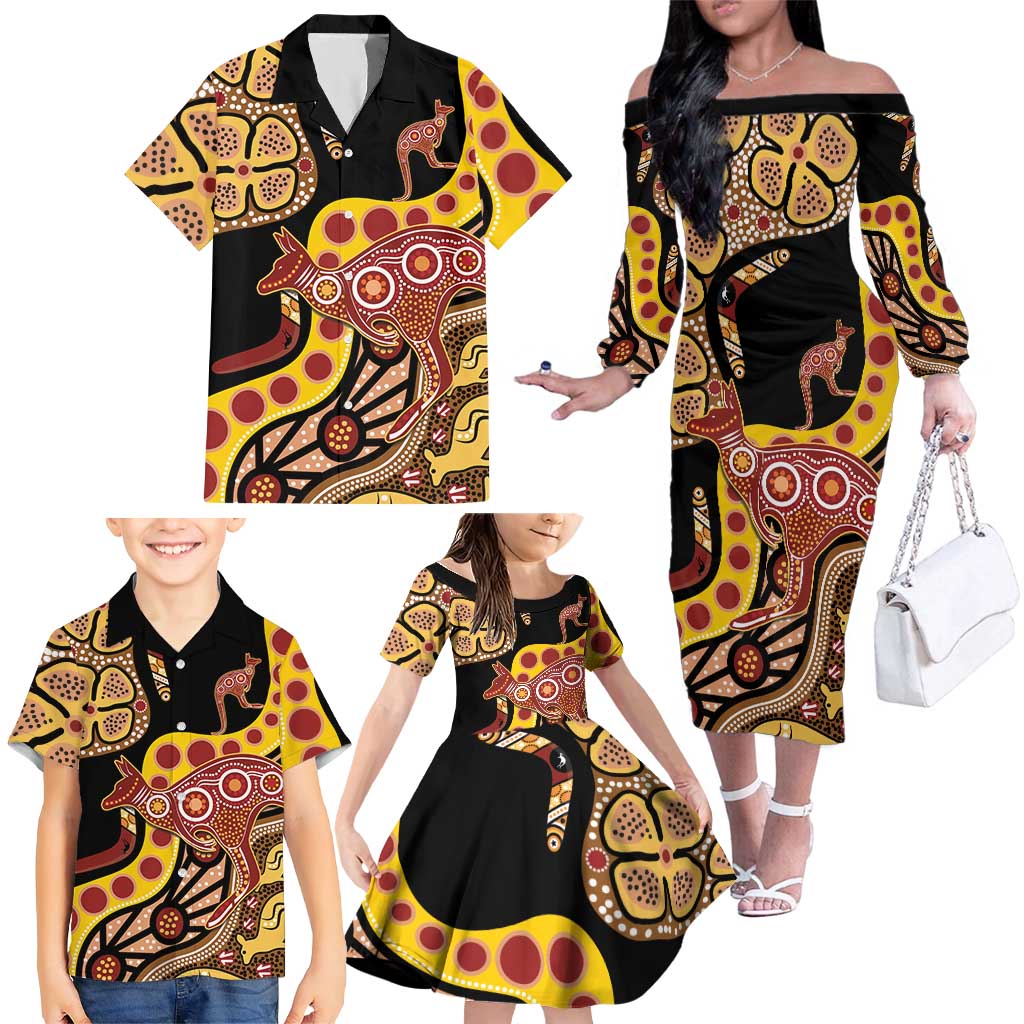 Kangaroo Australia Family Matching Off The Shoulder Long Sleeve Dress and Hawaiian Shirt Aussie Aboriginal Dot Art
