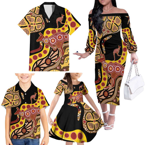 Kangaroo Australia Family Matching Off The Shoulder Long Sleeve Dress and Hawaiian Shirt Aussie Aboriginal Dot Art