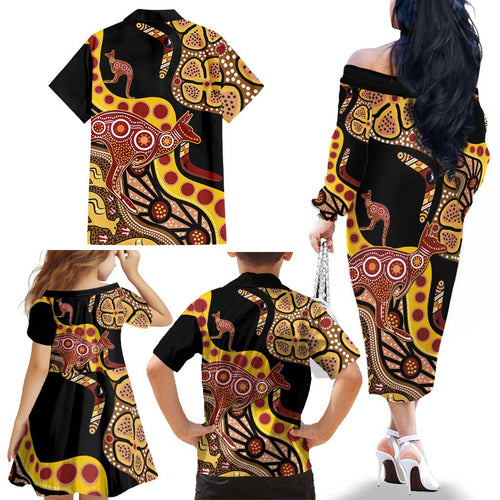Kangaroo Australia Family Matching Off The Shoulder Long Sleeve Dress and Hawaiian Shirt Aussie Aboriginal Dot Art