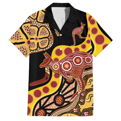 Kangaroo Australia Family Matching Off The Shoulder Long Sleeve Dress and Hawaiian Shirt Aussie Aboriginal Dot Art