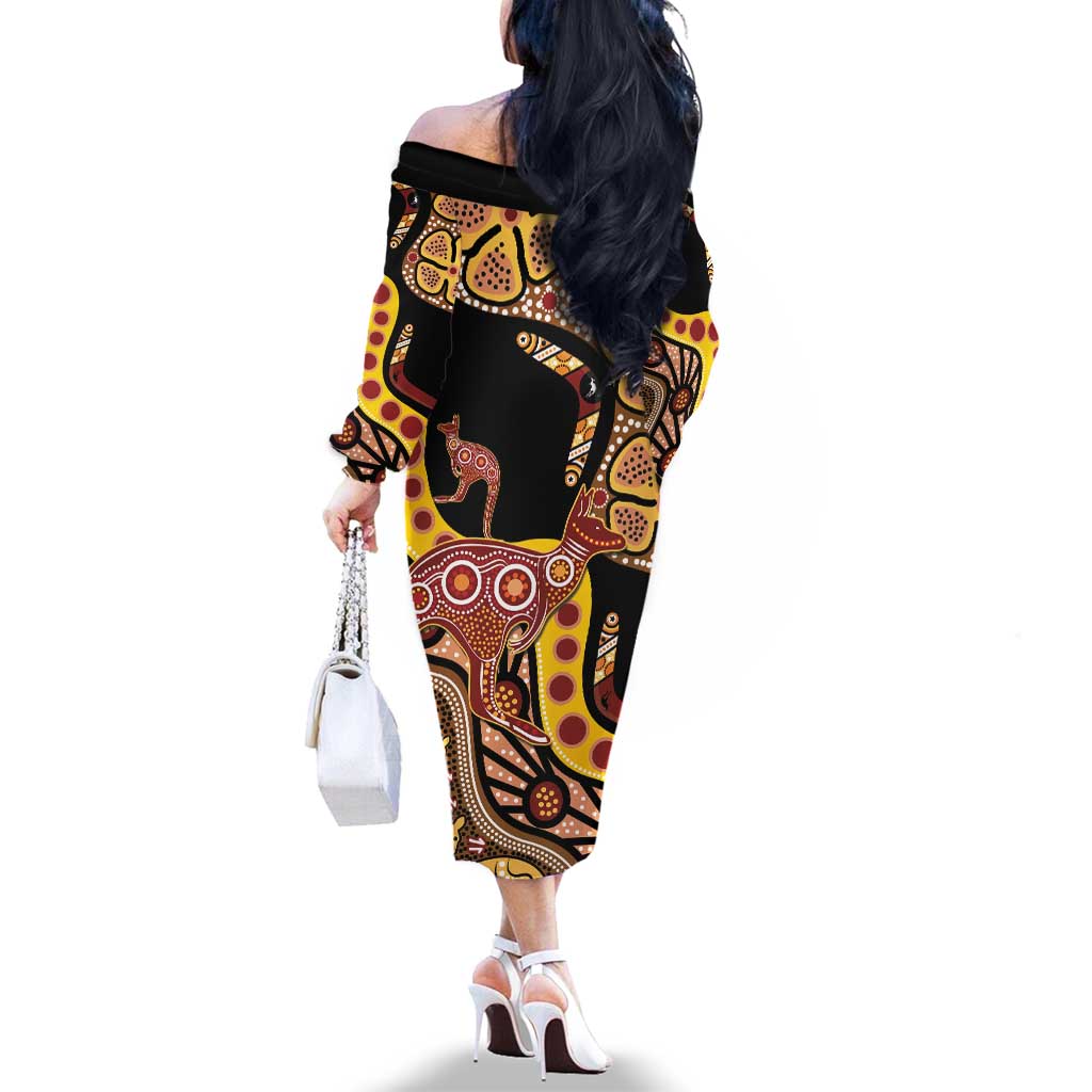 Kangaroo Australia Family Matching Off The Shoulder Long Sleeve Dress and Hawaiian Shirt Aussie Aboriginal Dot Art