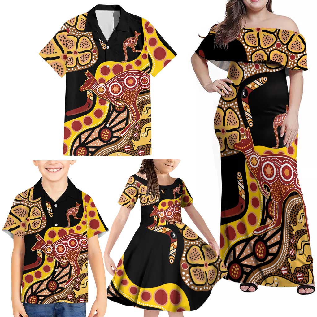 Kangaroo Australia Family Matching Off Shoulder Maxi Dress and Hawaiian Shirt Aussie Aboriginal Dot Art