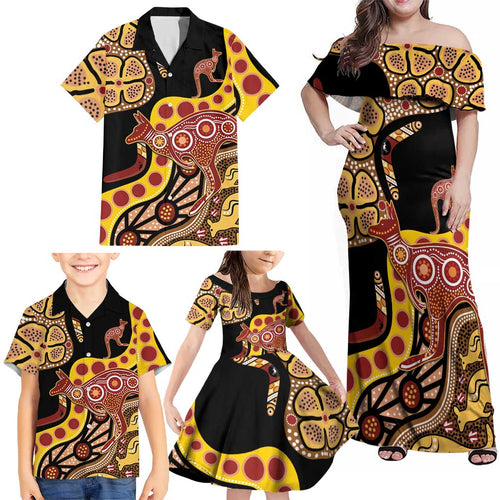 Kangaroo Australia Family Matching Off Shoulder Maxi Dress and Hawaiian Shirt Aussie Aboriginal Dot Art