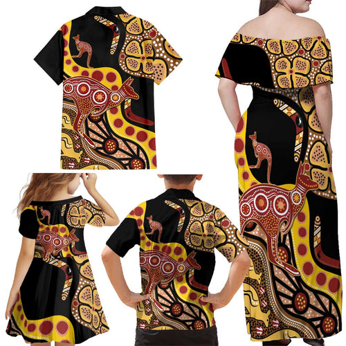 Kangaroo Australia Family Matching Off Shoulder Maxi Dress and Hawaiian Shirt Aussie Aboriginal Dot Art