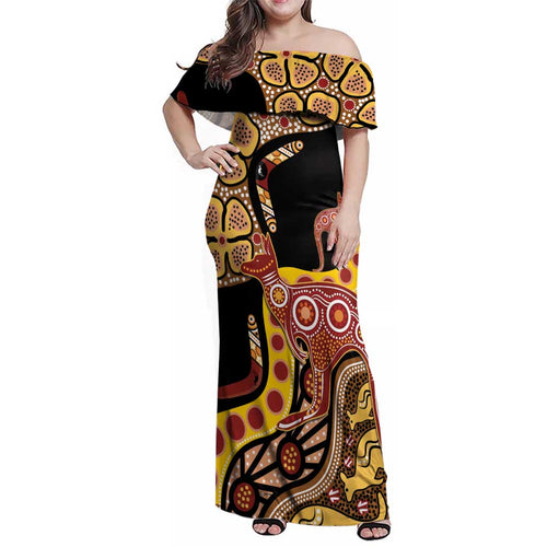 Kangaroo Australia Family Matching Off Shoulder Maxi Dress and Hawaiian Shirt Aussie Aboriginal Dot Art
