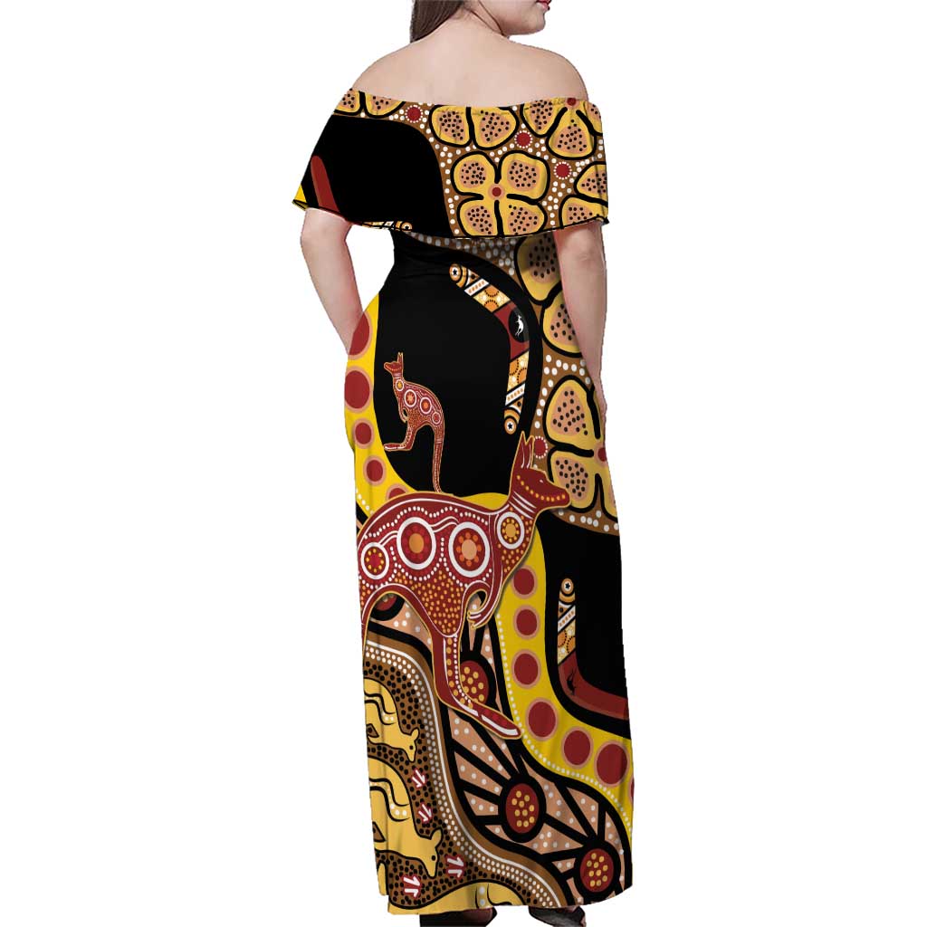 Kangaroo Australia Family Matching Off Shoulder Maxi Dress and Hawaiian Shirt Aussie Aboriginal Dot Art