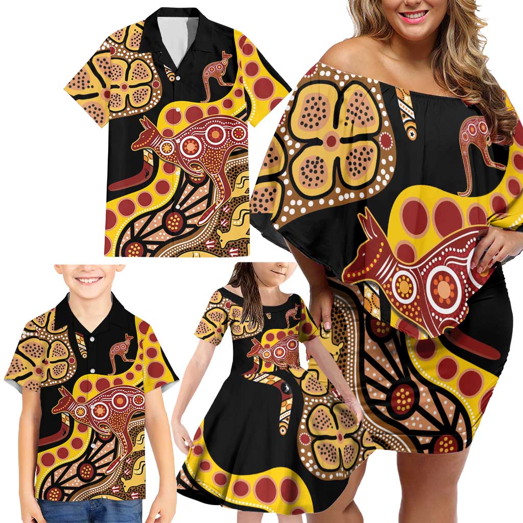 Kangaroo Australia Family Matching Off Shoulder Short Dress and Hawaiian Shirt Aussie Aboriginal Dot Art