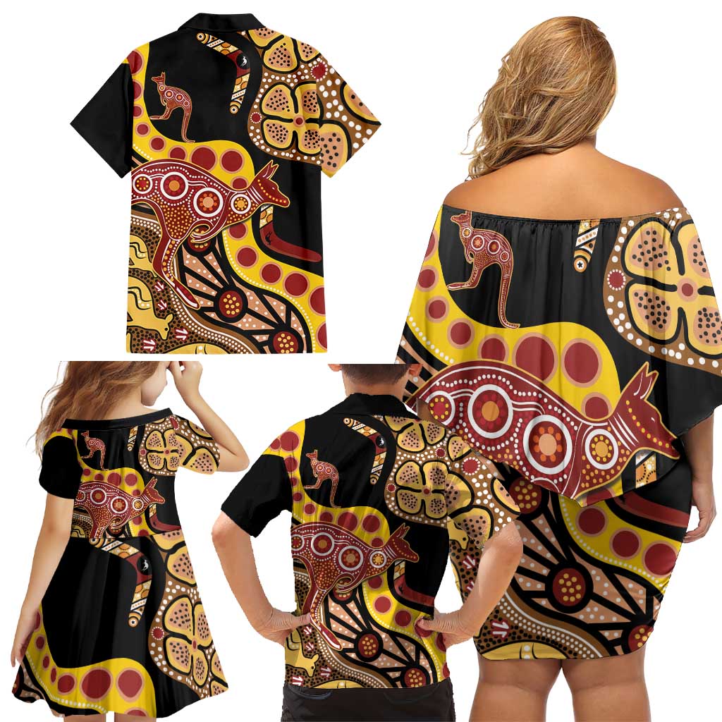 Kangaroo Australia Family Matching Off Shoulder Short Dress and Hawaiian Shirt Aussie Aboriginal Dot Art