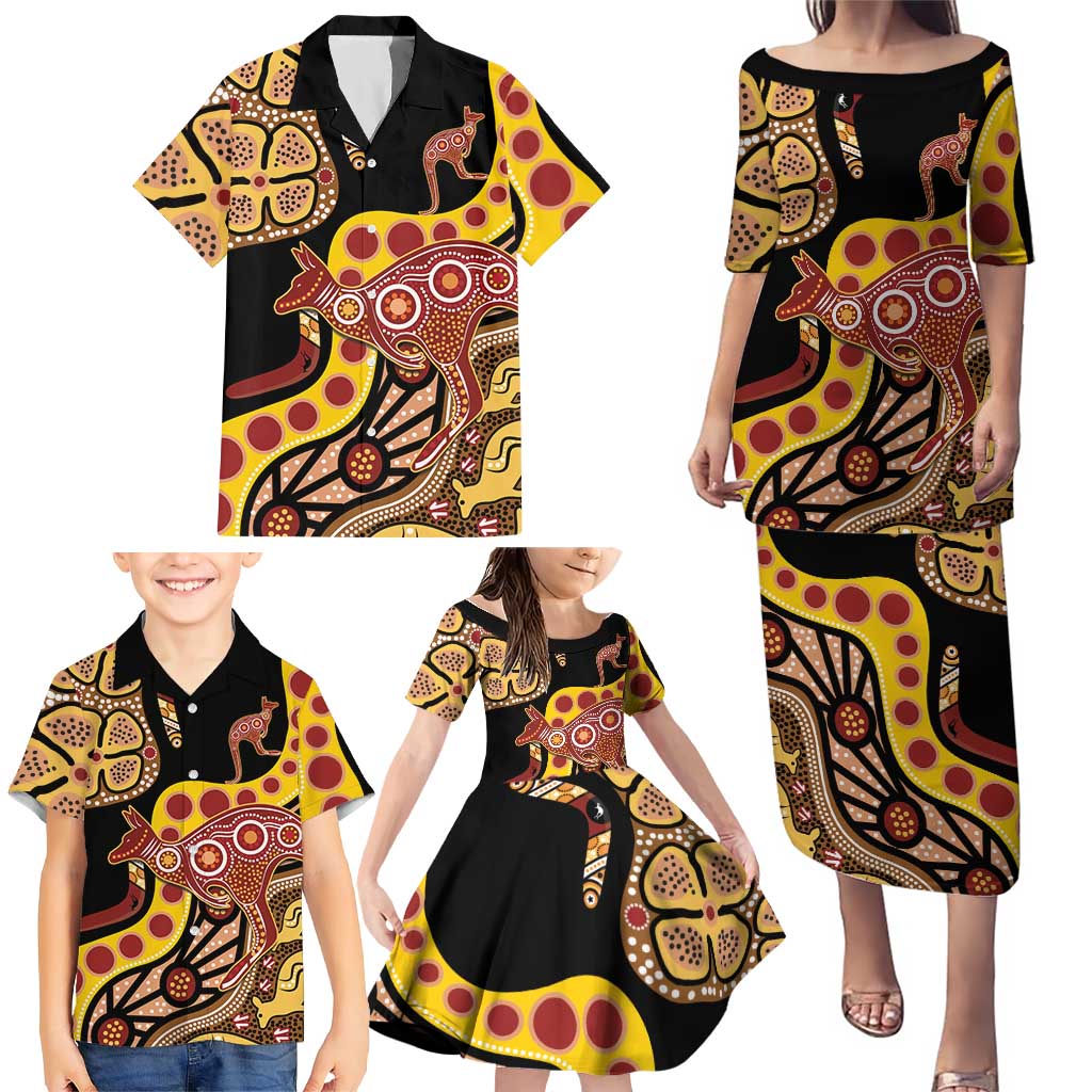 Kangaroo Australia Family Matching Puletasi and Hawaiian Shirt Aussie Aboriginal Dot Art