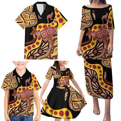 Kangaroo Australia Family Matching Puletasi and Hawaiian Shirt Aussie Aboriginal Dot Art